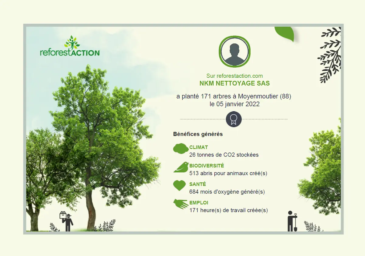 NKM Nettoyage - Certificat reforest action 2021 NKM Nettoyage - Certificat reforest action 2021