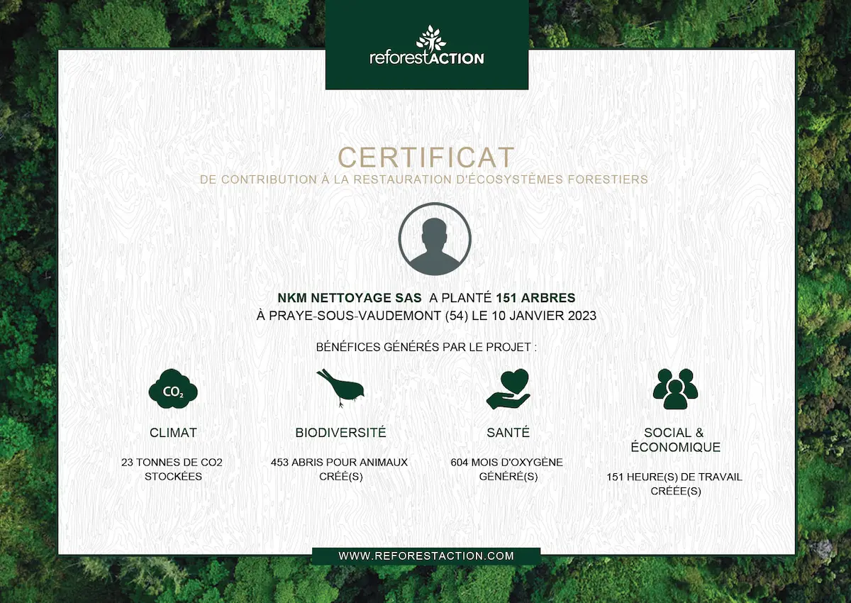 NKM Nettoyage - Certificat reforest action 2022 NKM Nettoyage - Certificat reforest action 2022