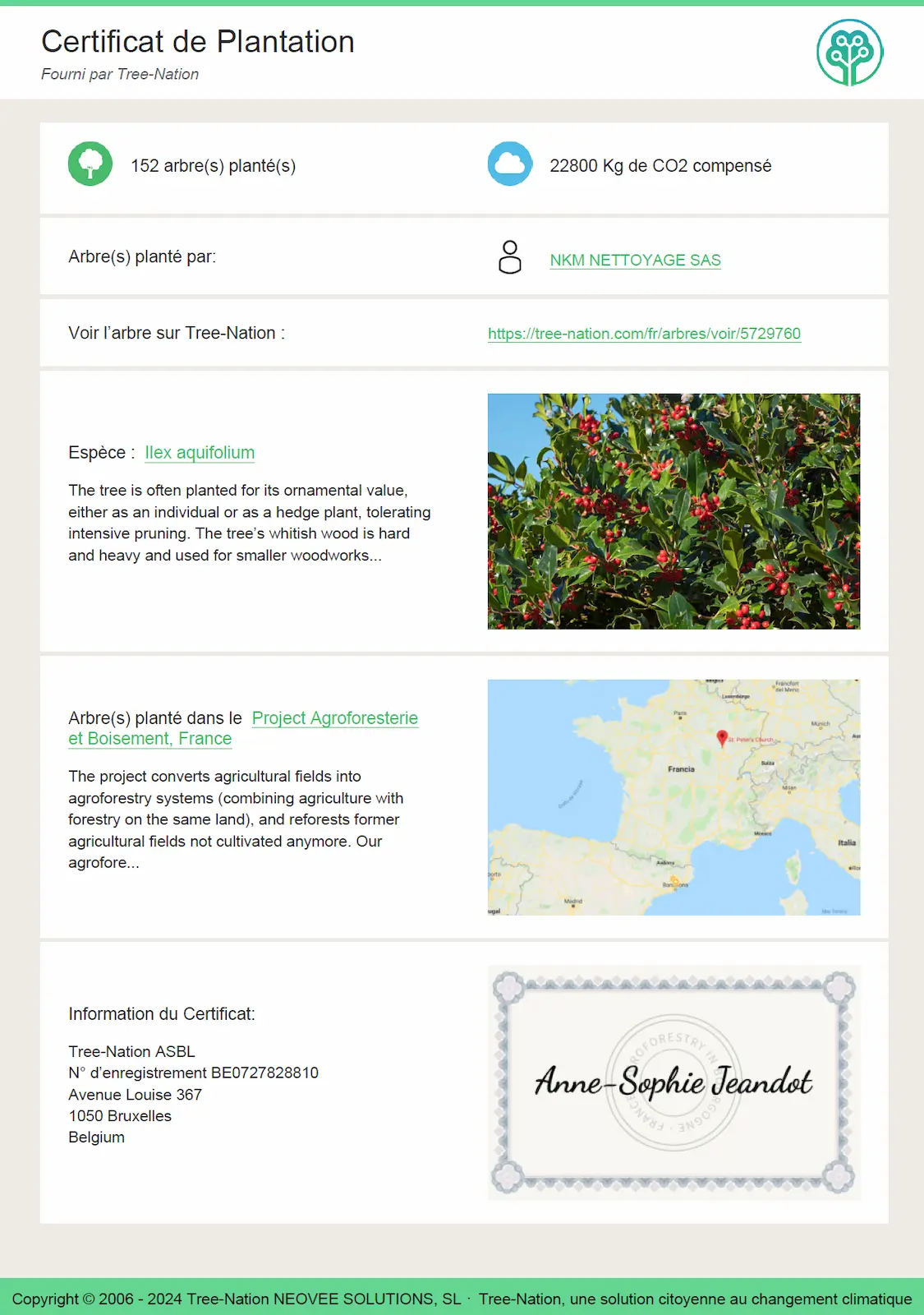 NKM Nettoyage - Certificat Tree Nation - 2023 NKM Nettoyage - Certificat Tree Nation - 2023